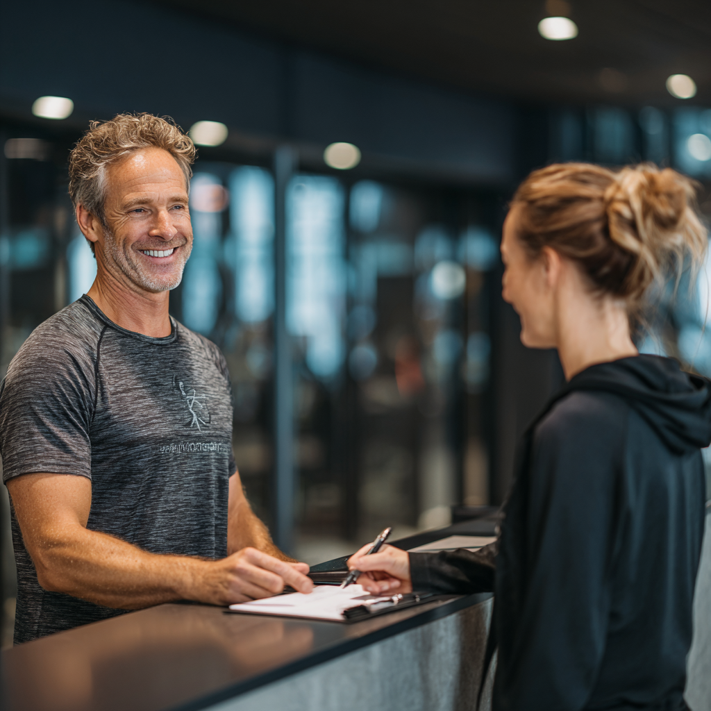 Тренер у віці 52 років консультує клієнта біля стійки рецепції у сучасному фітнес-центрі з посмішкою