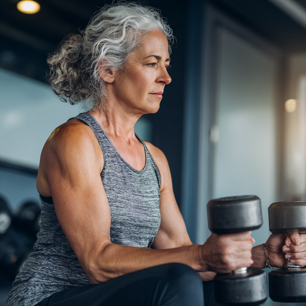 Енергійна жінка 55 років виконує силові вправи з гантелями у сучасному фітнес-залі